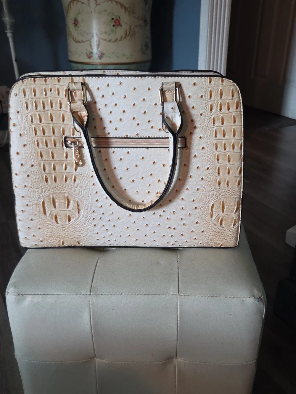 Cream Ostrich-Texture Structured Tote